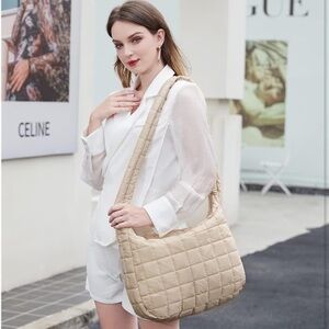 Oversized Quilted Puffer Crossbody Tote Shoulder Bag, Khaki
